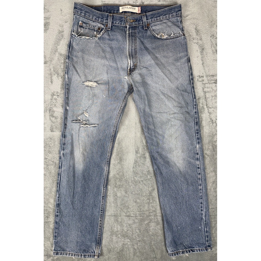 VTG Levis 505 Straight Fit Jeans Mens 34x32 Stone Wash Blue Distressed Denim Y2K